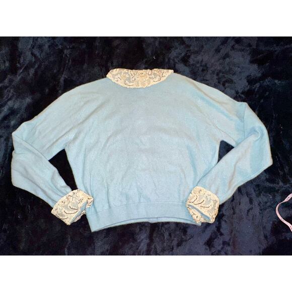 VINTAGE LACE PEARL BEADED COLLAR RHINESTONE BUTTON CASHMERE CARDIGAN SWEATER - Picture 5 of 10